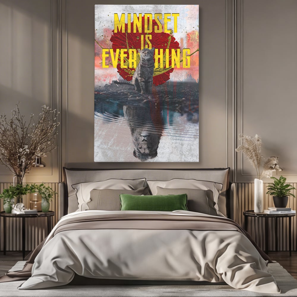 Tablou canvas cu tablou canvas motivatie cu pisica si leu, fara rama, pe sasiu de lemn, pe perete intr-un dormitor